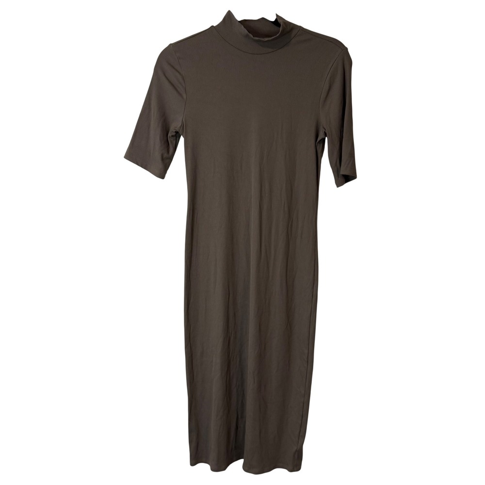 Athleta Womens Signature Rib Mock Neck Midi Dress Small Brown Stretch